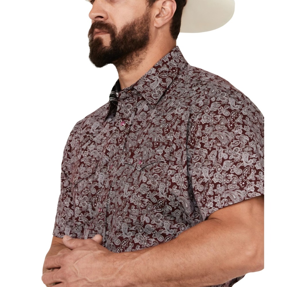 Rodeo Clothing Co Mens‎ Burgundy Paisley Short Sleeve Western Pearl Snap Shirt M